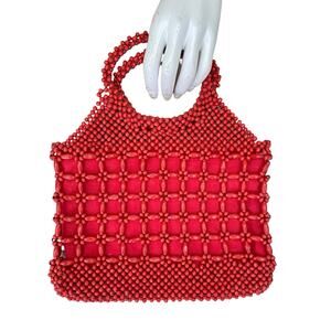 Vintage Red Wooden Beaded Handbag Top Handle Bag